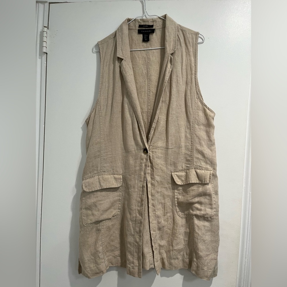Tahari Tan 100% Linen Vest Jacket Sz. XL